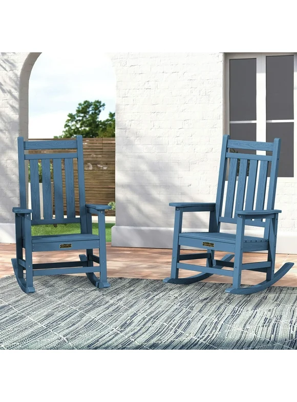 SERWALL Outdoor HDPE Plastic Rocking Chair Set, 2 Pieces Rockers, Blue