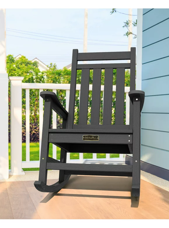 SERWALL Outdoor Oversized Slat Rocking Chair, Black, HDPE