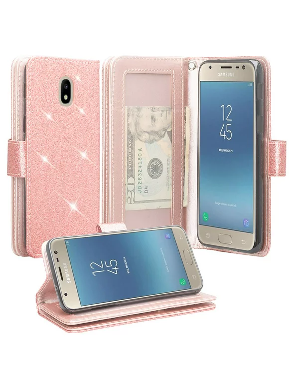 Samsung Galaxy J3 2018 Case, Galaxy J3 Orbit Case, Galaxy J3 Star Case, Galaxy J3 V 2018/J3 Achieve/J3 Aura/Express Prime 3/Amp Prime 3 Case Glitter Leather Wallet Case - Rose Gold