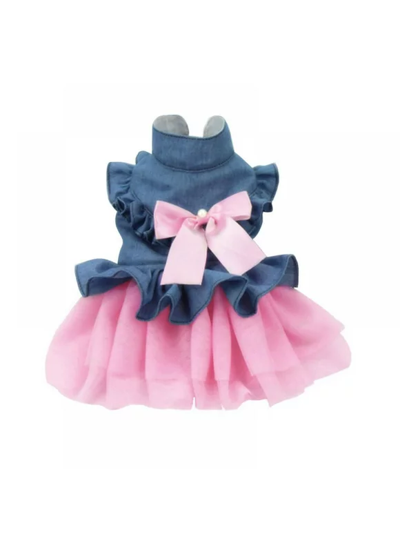 Savlot Pet Denim Dress with Cute Bow-Knot Comfy Vest Skirt Lace Tutu Summer Spring Clothes for Small Medium Dogs Cats