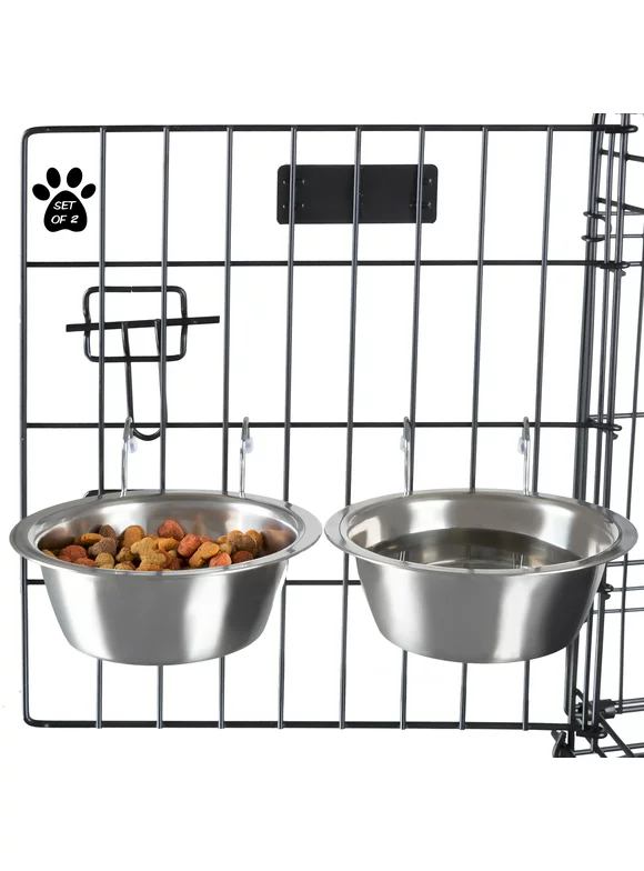 Set of 2 Stainless-Steel Dog Bowls - Cage, Kennel, and Crate Hanging Pet Bowls for Food and Water - 20oz Each and Dishwasher Safe by PETMAKER