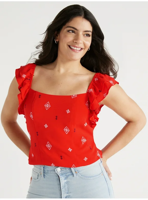 Sofia Jeans Women's and Women's Plus Double Ruffle Embroidered Top, Sizes XS-5X