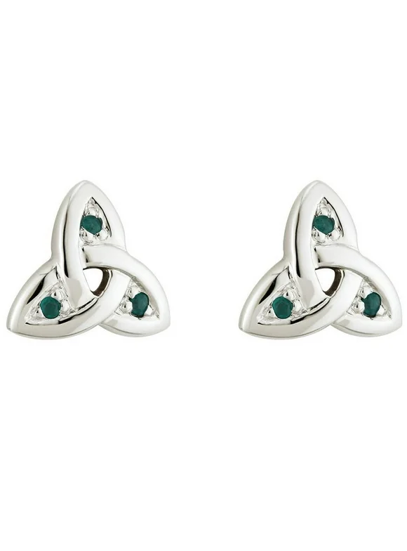 Solvar 14K White Gold Emerald Trinity Knot Stud Earrings Women's Irish Jewelry