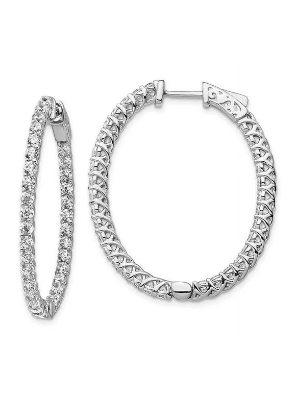 Sterling Silver CZ 66 Stones In and Out Oval Hoop Earrings