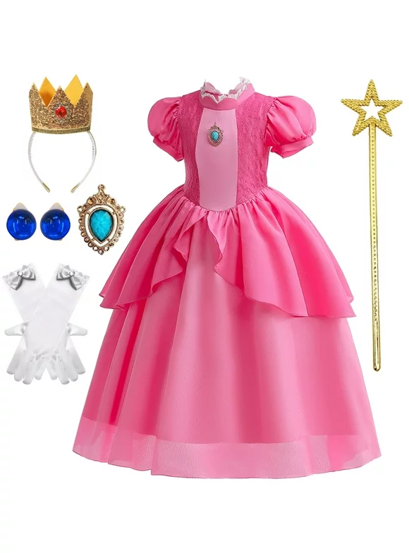 Super Bros Princess Peach Costume for Girls Dress up Outfit with Crown Gloves Earring Wand 5-6 Years(P03,120)