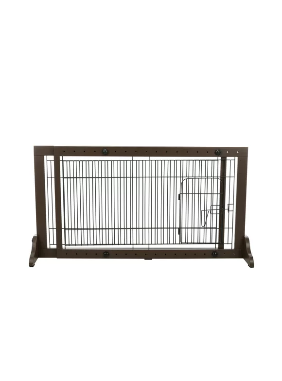TRIXIE Expandable Wooden Freestanding Pet Gate with Pet Door, Expands to 71" Wide, Brown
