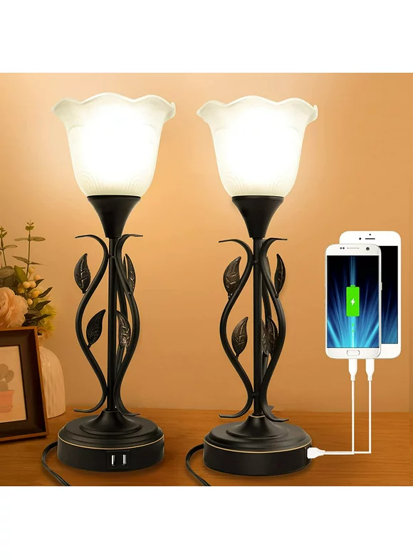 Table Lamp,Bedside Lamps Set of 2, Table Lamp with USB Port 3 Way Dimmable Touch lamp Torchiere Nightstand Lamps with Rustic Vines Leaf and Glass Flower Shade lamp for Bedroom, Living Room, Office