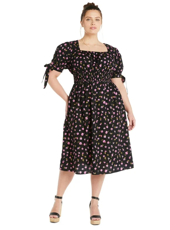 Terra & Sky Women's Plus Size Cotton Smocked Waist Dress with Short Sleeves, Sizes 0X-5X