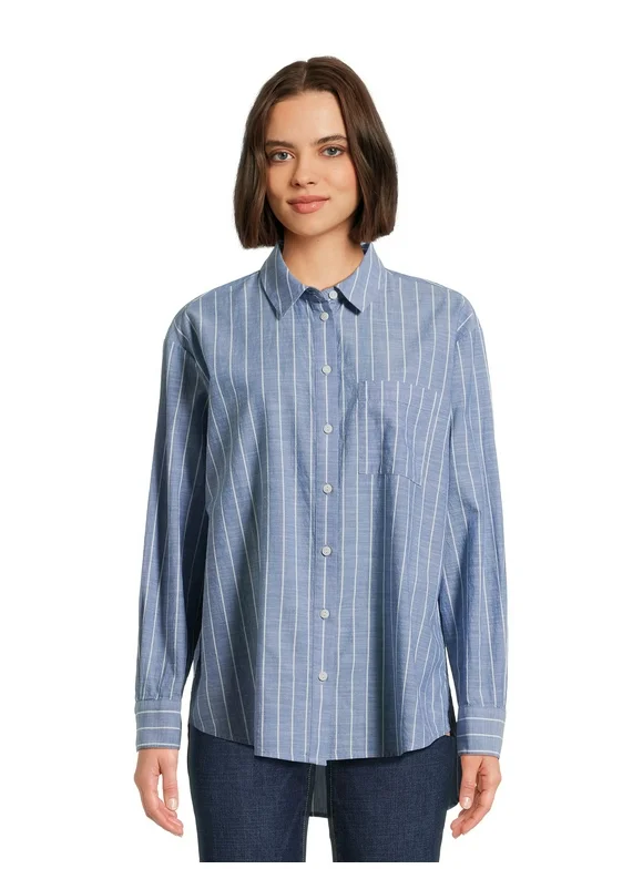 Time and Tru Women's Oversized Button Front Shirt, Sizes XS-XXXL