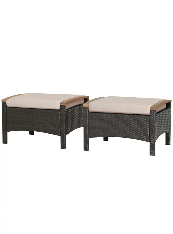 Topbuy Outdoor PE Wicker Ottoman Set of 2 Patio Rattan Footrest Seat with Soft Cushions & Curved Acacia Wood Handles Beige