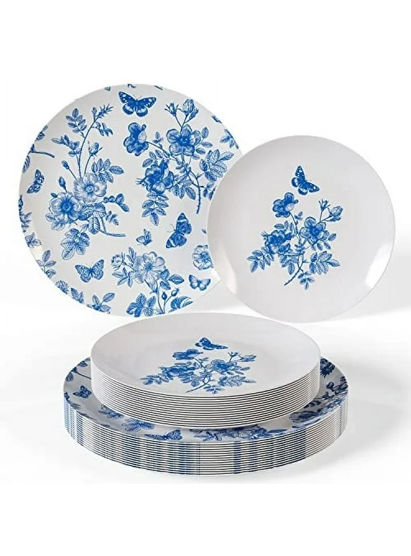 Trendables™ Plastic Wedding Plates 40 Piece Plastic - Disposable Plates Set (20 Guests)  - White  Blue Floral Design