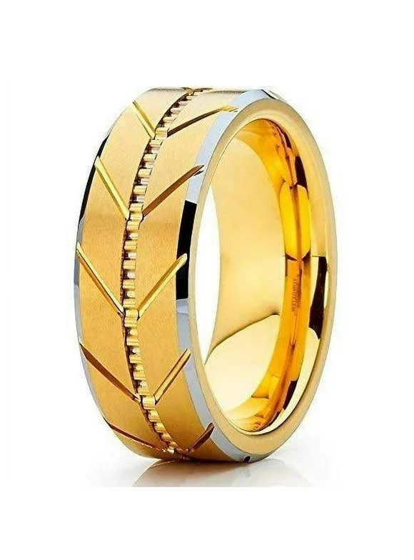 Tungsten Rings for Men Wedding Bands for Him Womens Wedding Bands for Her 6mm Yellow Gold IP Plated Flat Brushed Center Arrows