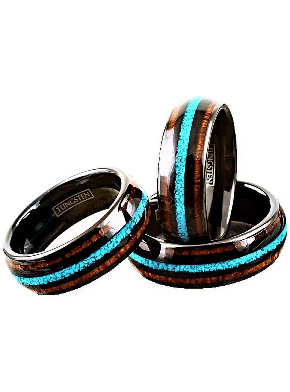Tungsten Rings for Men Wedding Bands for Him Womens Wedding Bands for Her 8mm Koa Wood With Crushed Turquoise