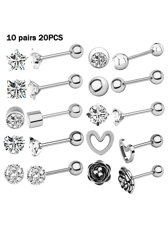 TureClos 10 Pairs Body Piercing Jewelry Set Stainless Steel Nose Studs Earring Lip Ring for Women, Steel Color