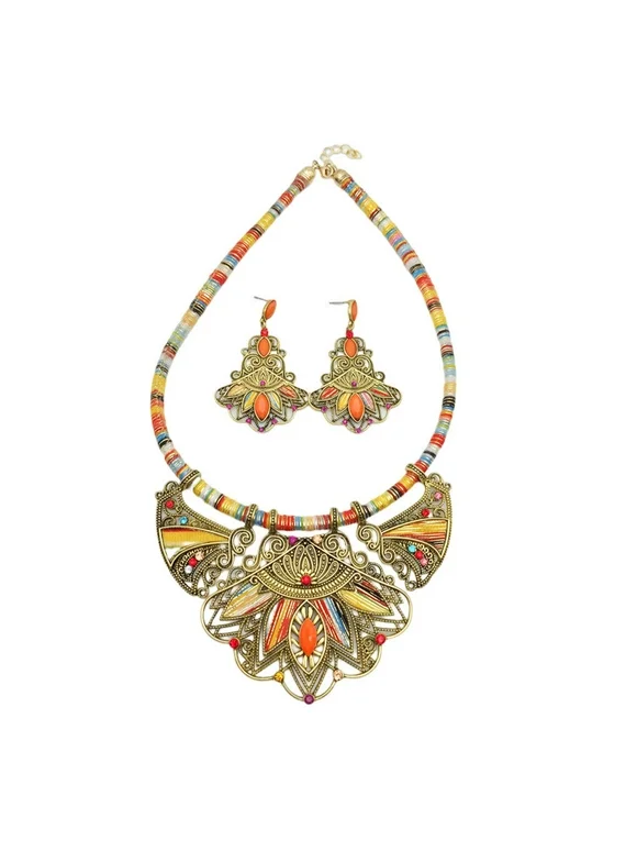 TureClos 3 Pieces/Set ABS Resin Women Necklace Stylish Braided Bohemian Rhinestone Ethnic Girls Earring Eardrop Jewelry