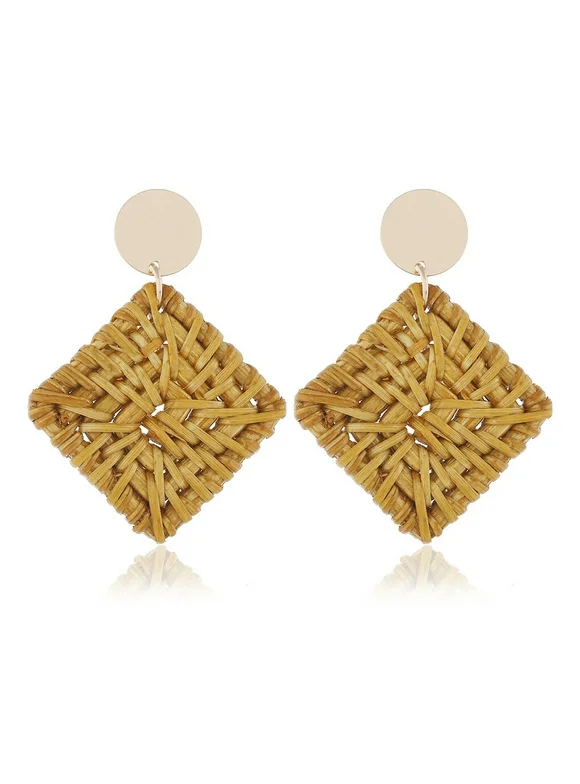 TureClos Classic Rattan Plaited Articles Western Earrings Bohemian Style Geometric Charm Comfortable Attractive Jewerly for Women Girls Quadrilateral