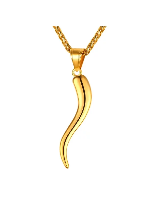 U7 Italian Horn Necklace Gold Plated Men Women Stainless Steel Chain Lucky Charm Amulet