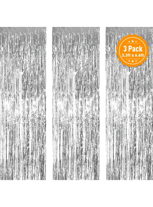 UWANTME 3 Pack Silver Metallic Foil Fringe Curtains, 3.3ft x 6.6ft Backdrop Curtains Streamers Party Decorations for Birthday, Wedding, Valentines Day, Christmas, Bachelorette, Baby Shower