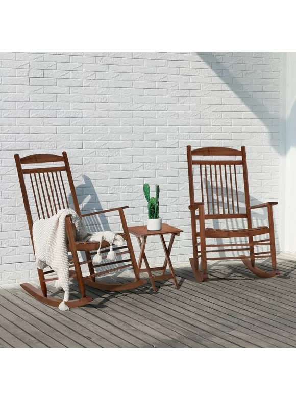 VEIKOUS Outdoor Rocking Chair Set of 3, Wooden Rocker Set w/Foldable Coffee Table Indoor, Teak
