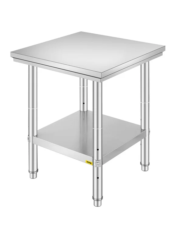 VEVORbrand Stainless Steel Work Table 24 x 24 x 32 inch Commercial Kitchen Prep & Work Table Heavy Duty Prep Worktable Metal Work Table with Adjustable Feet for Restaurant, Home and Hotel