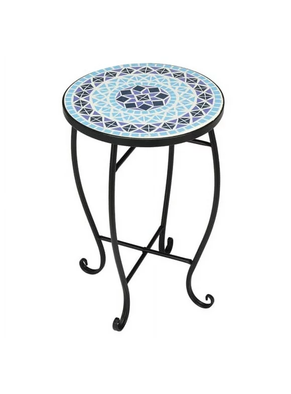VINGLI Mosaic Accent Table, 14" Round Side End Table Plant Stand (Blue Ocean)