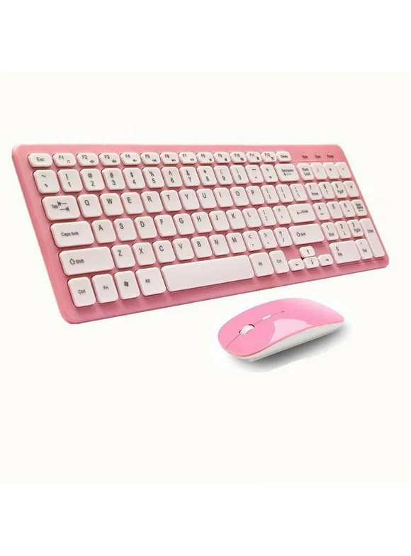 VicTsing 2.4GHz Wireless Ultra-Thin Silent Keyboard Mouse Set 96 Keys Wireless Keyboard and Mouse Kit for Desktop PC Laptop, Pink