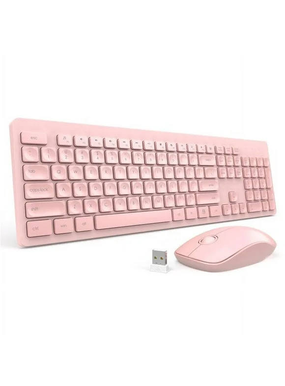 VicTsing Wireless 2.4GHz Keyboard and Mouse Combo, Silent USB Computer Keyboard Mouse Set, Tilting Kickstands Thin Design ,3-Year Battery Life for Windows, PC, Laptop - Pink