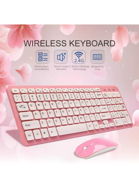 VicTsing Wireless Keyboard and Mouse Combo Super Silence 2.4G Quite Click 96 Keys Chocolate Keyboard And Soundless Mouse with USB Receiver Pink