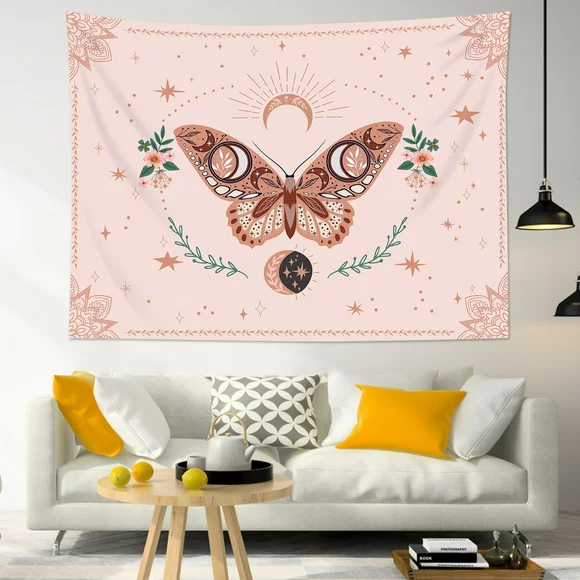Vintage Butterfly Tapestry Wall Hanging Country Floral Green Leaf and Nature Plant on Pink Wall Tapestry for Bedroom Aesthetic Boho Star Moon Tapestry for Living Room College Dorm Decor,60Wx40H inch