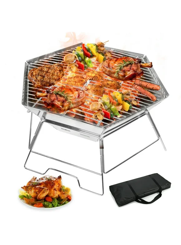 WYRAVIO Portable Charcoal Grill, Lightweight Foldable Barbecue Grill for Cooking Camping Hiking Picnic Party, Silver