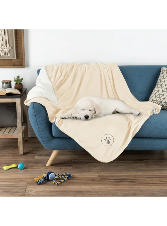 Waterproof Pet Blanket - 50x60-Inch Reversible Sherpa Fleece Throw Protects Couches, Cars, and Beds from Spills, Stains, and Fur by PETMAKER (Cream)
