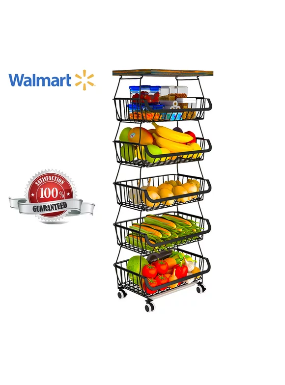 Werseon 6-Tier Fruit Vegetable Rack, Stackable Rolling Cart with Solid Wood, Kitchen Storage Rack