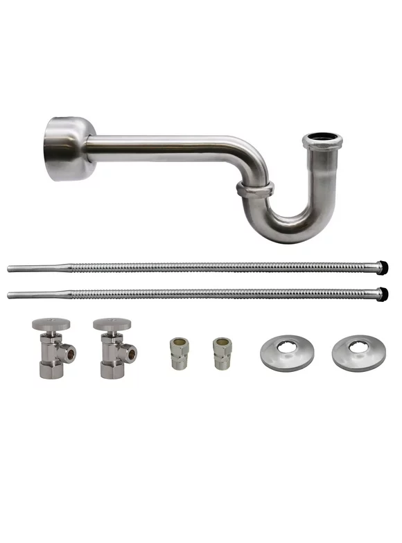 Westbrass D1538L-07 Pedestal Sink Lavatory Supply Line Kit with P-Trap and Round Handle Angle Stops, Satin Nickel