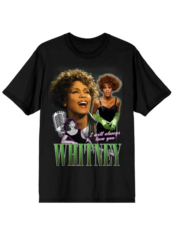 Whitney Houston I Will Always Love You Screen Print Men's Black T-shirt-Large