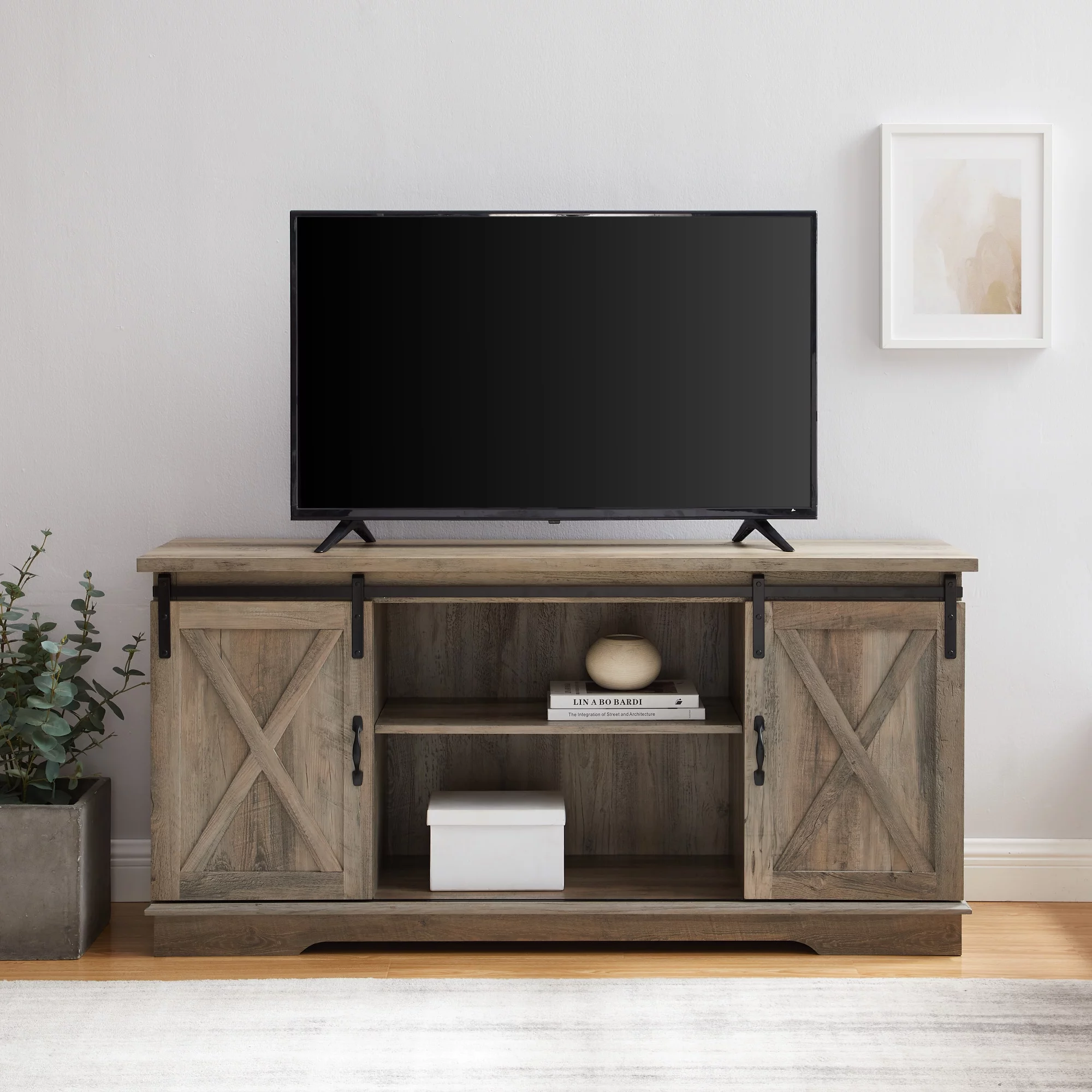Woven Paths Sliding Farmhouse Barn Door TV Stand for TVs up to 65", Grey Wash