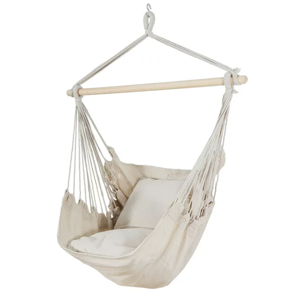 ZENSTYLE Hammock Cotton Swing Hanging Rope Chair Beige Outdoor Patio with 2 Cushions Portable - Buff
