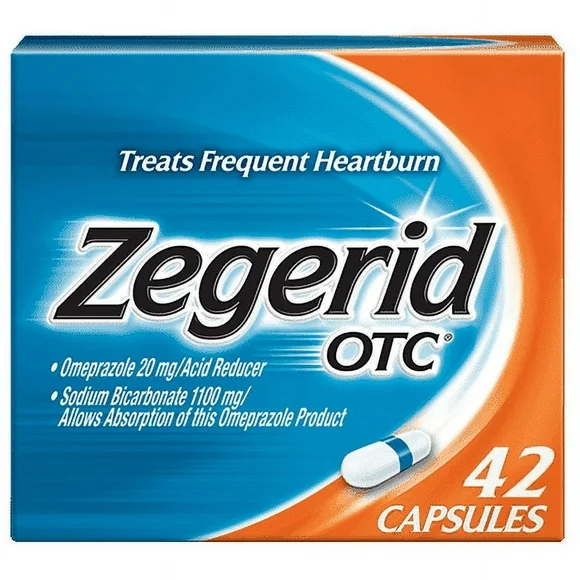 Zegerid OTC Heartburn Relief, 24 Hour Stomach Acid Reducer Proton Pump Inhibitor With Omeprazole and Sodium Bicarbonate, Capsules, 42 Count
