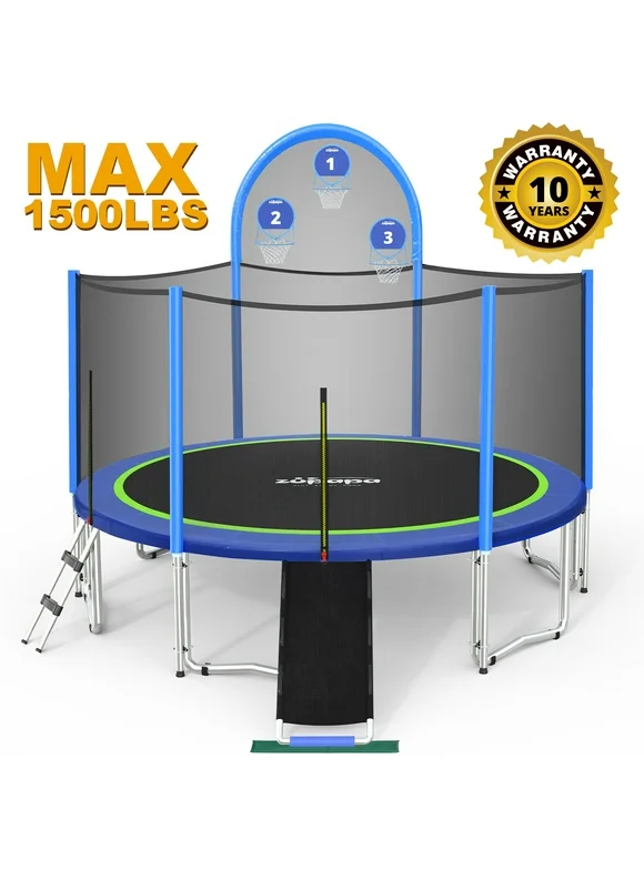 Zupapa Trampolines with Basketball Hoops&Slide 1500 LBS Weight Capacity 16 15 14 12 10 for Kids Children with Safety Enclosure Net Outdoor Backyards Large Recreational Trampoline