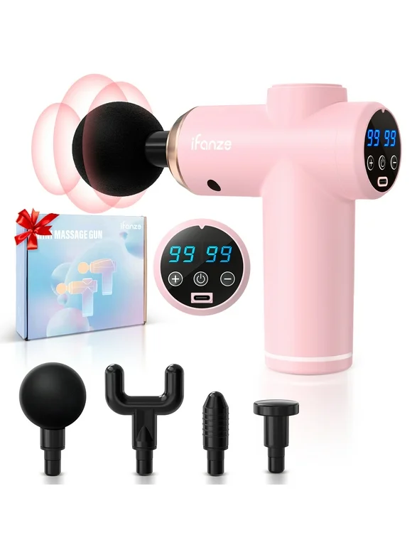 iFanze Mini Massage Gun Deep Tissue, Portable 99 Speeds Ultra Small and Quiet Electric Muscle Massager with 4 Replacement Heads for Gym Office Home Post-Workout Recovery, Pink