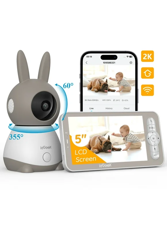 ieGeek Baby Monitor with Remote Pan-Tilt-Zoom, 2K, 5" Video Baby Monitor with Camera and Audio, Motion & Sound Detection, APP, 2-Way Talk, Smart Baby Monitor
