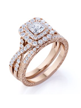 1.25 ct - Square Diamond - Double Halo - Twisted Band - Vintage Inspired - Pave - Wedding Ring Set in 10K Rose Gold