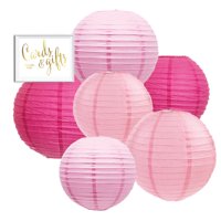 Andaz Press Blush Pink, Pink, Fuchsia Hanging Paper Lanterns Decorative Kit, 6-ct with Free Gifts Table Party Sign