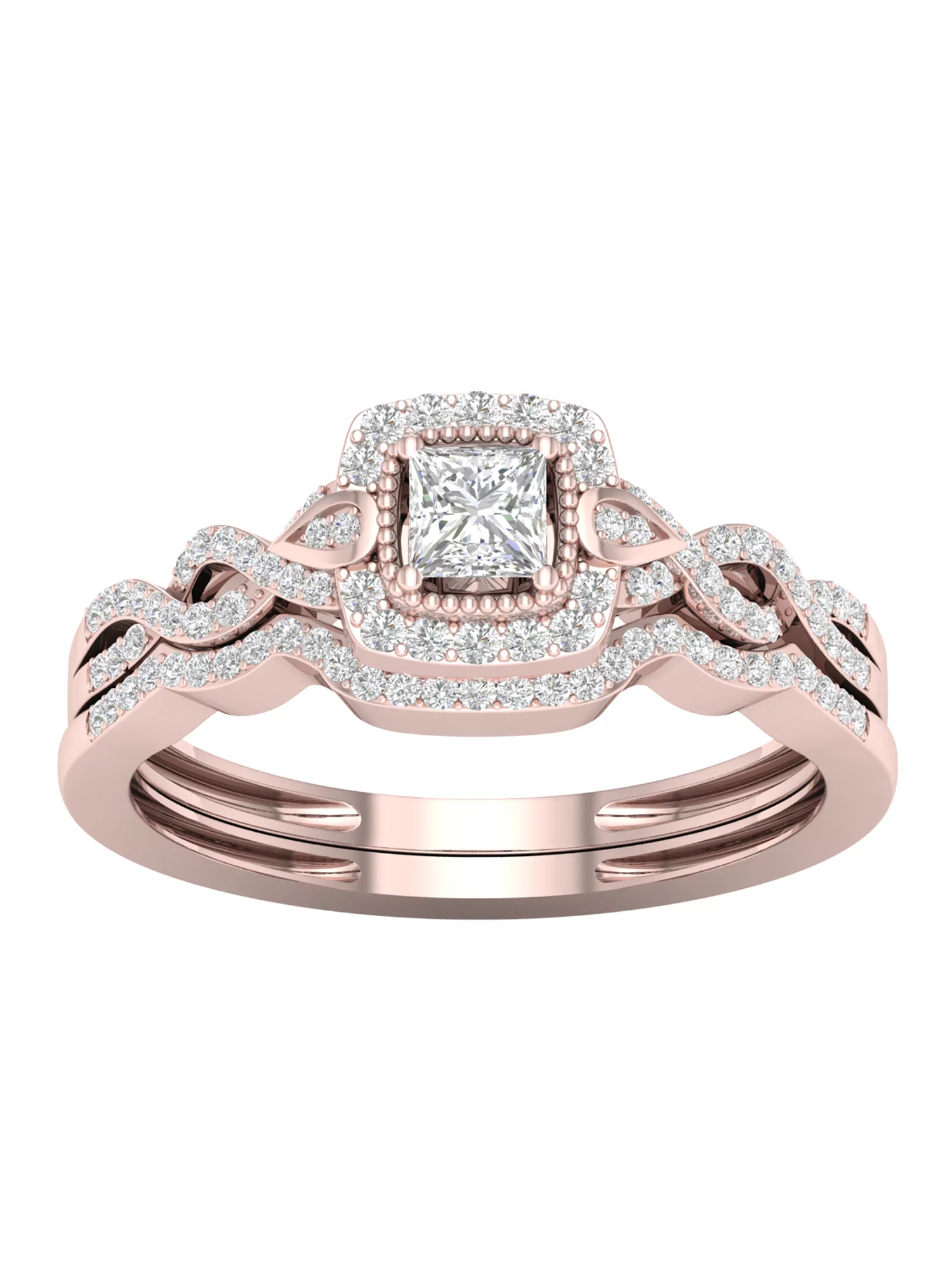 IGI Certified 1/3Ct TDW Diamond 10k Rose Gold Twist Shank Halo Bridal Set (H-I, I2)
